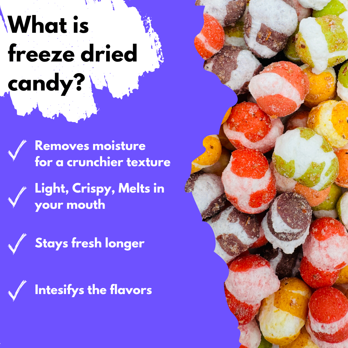 What is freeze-dried candy informational graphic with colorful chamoy-coated Itty Bitties.