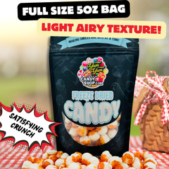 Full-size 5oz bag of freeze-dried Chamoy Lemon Balls with light airy texture and extreme crunch text overlay.