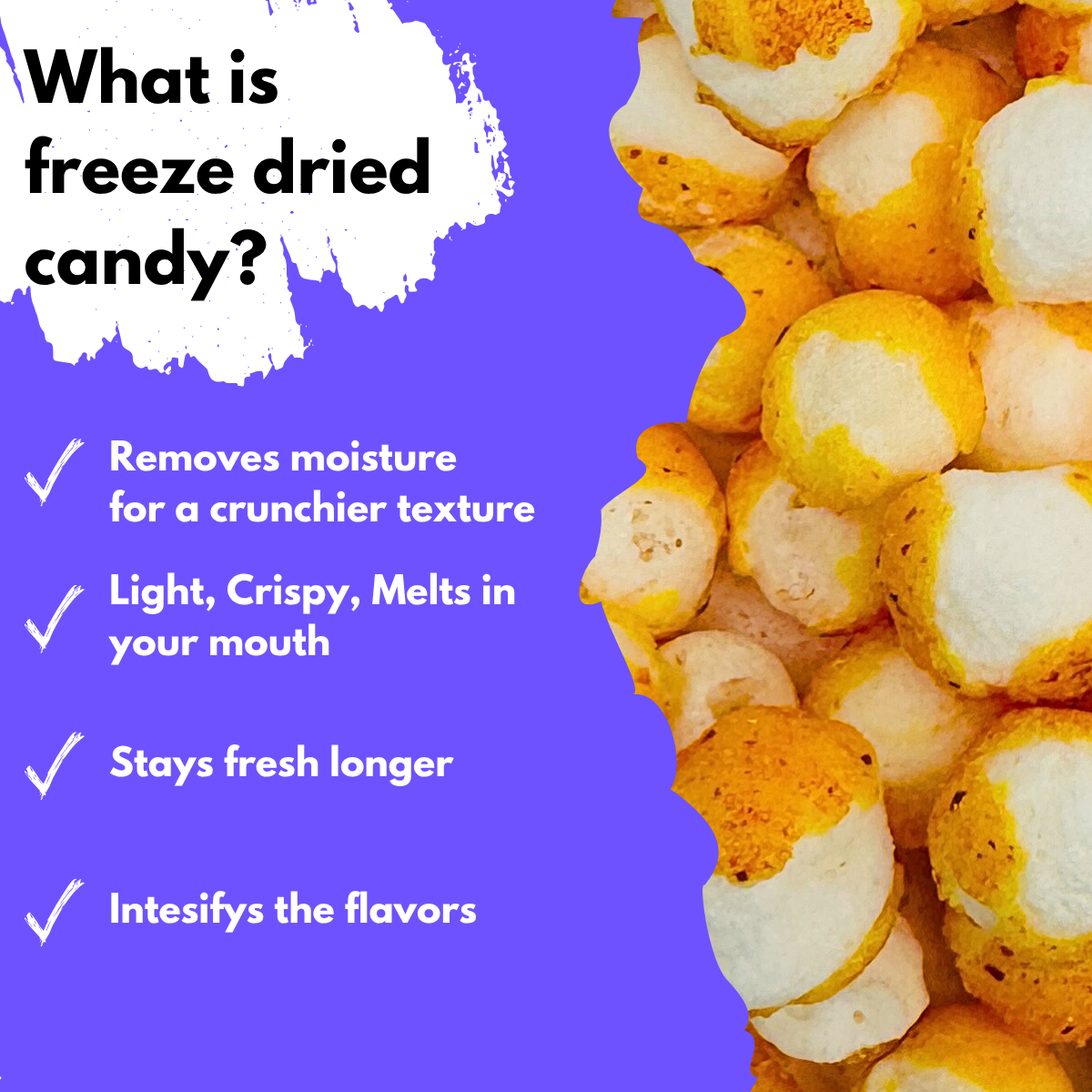Close-up of freeze-dried Chamoy Lemon Balls with text highlighting benefits like moisture removal, freshness, and intensified flavors.