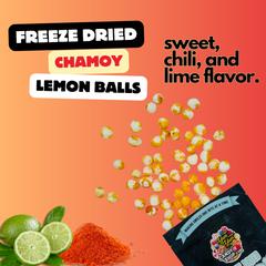 Freeze-dried Chamoy Lemon Balls scattered with sweet, chili, and lime flavor, alongside a black Yum Yum Candy Shop bag.