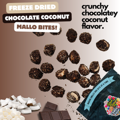 Freeze Dried Chocolate Coconut Mallow Bites with marshmallow pieces and chocolate blocks, showing crunchy texture.