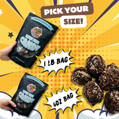 Freeze Dried Chocolate Coconut Mallow Bites packaging in 1 lb and 6 oz sizes.