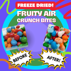 Side-by-side image showing chewy fruity candy before freeze drying and airy, puffed candy after freeze drying