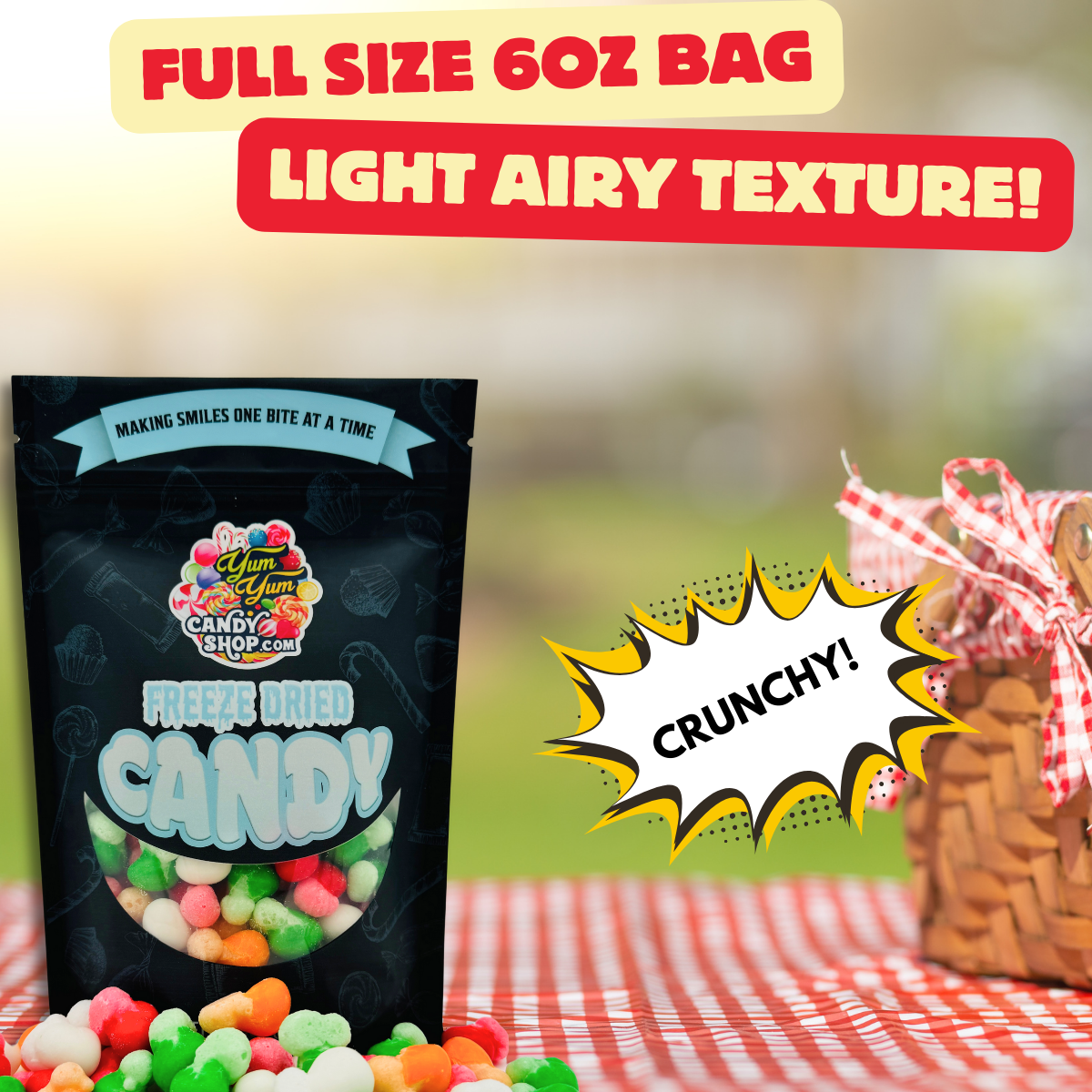 Freeze dried fruity air crunch bites in a full size 6oz bag with light airy texture and colorful candy pieces from Yum Yum Candy Shop