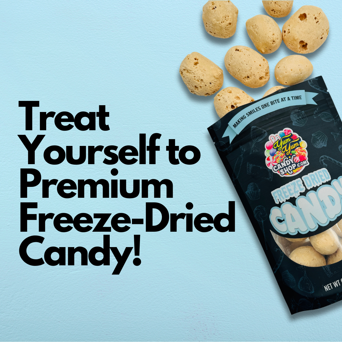 Flat lay of Freeze-Dried Honey Almond Bits bag with candies scattered around