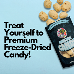 Flat lay of Freeze-Dried Honey Almond Bits bag with candies scattered around