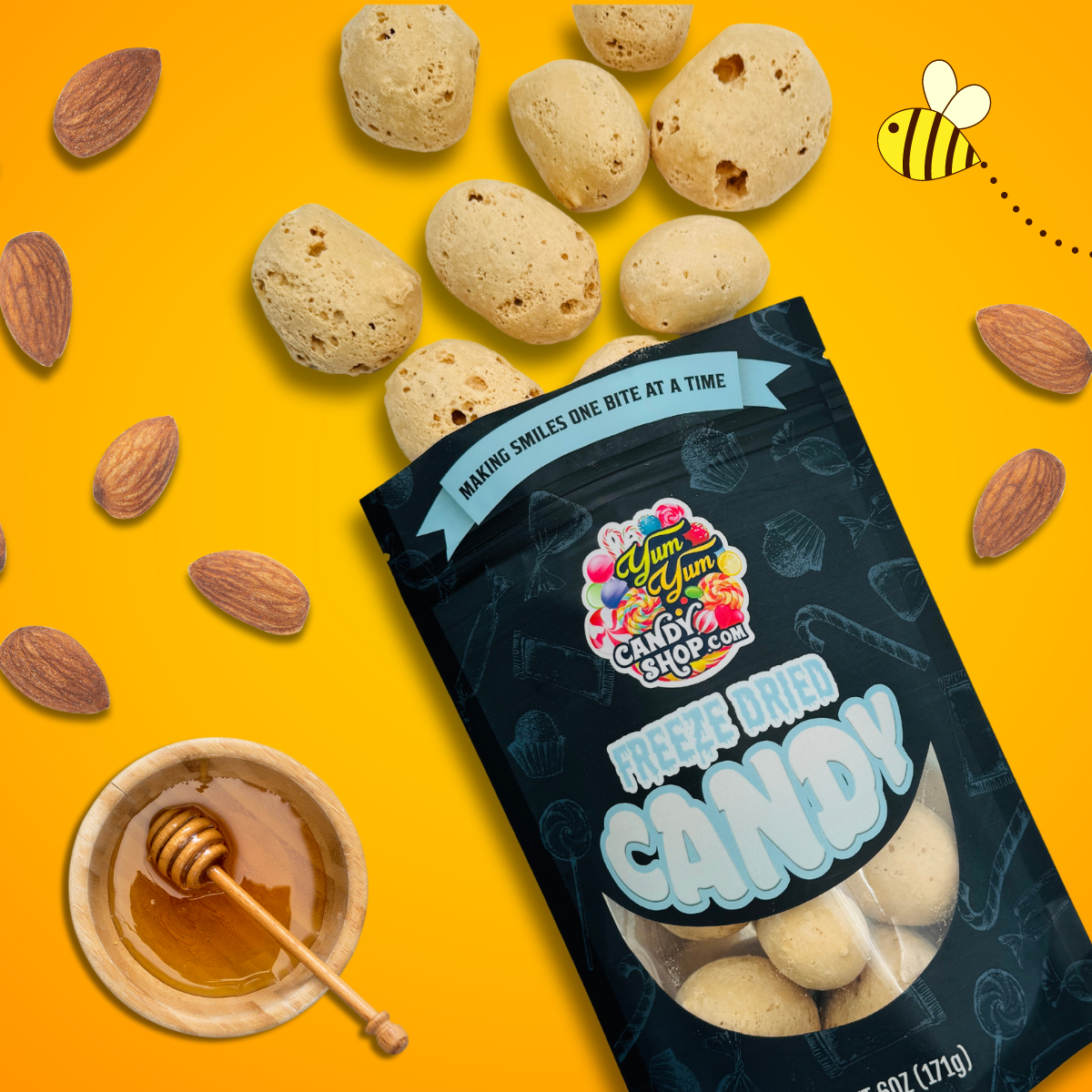 Freeze-Dried Honey Almond Bits 8oz bag surrounded by honey, almonds, and candies.