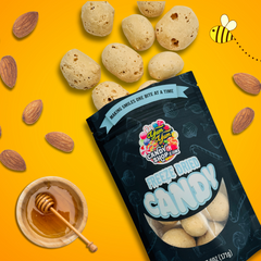 Freeze-Dried Honey Almond Bits 8oz bag surrounded by honey, almonds, and candies.