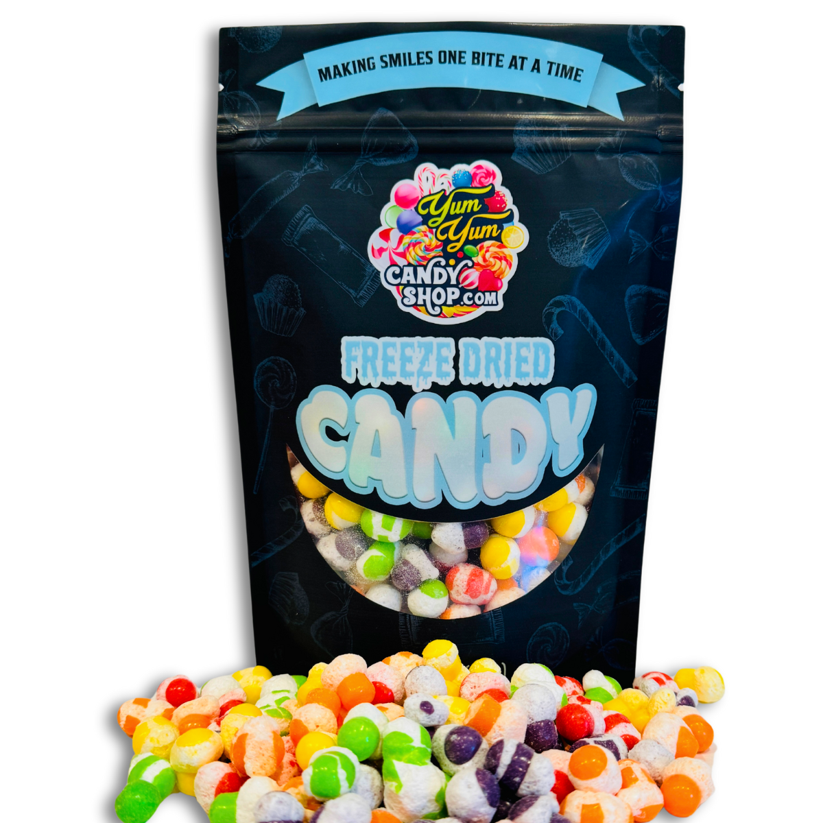 Front view of Yum Yum Candy Shop Freeze-Dried Itty Bitties in resealable bag.