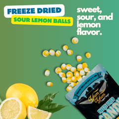 Yum Yum freeze-dried sour lemon balls packaging with lemons on a green background
