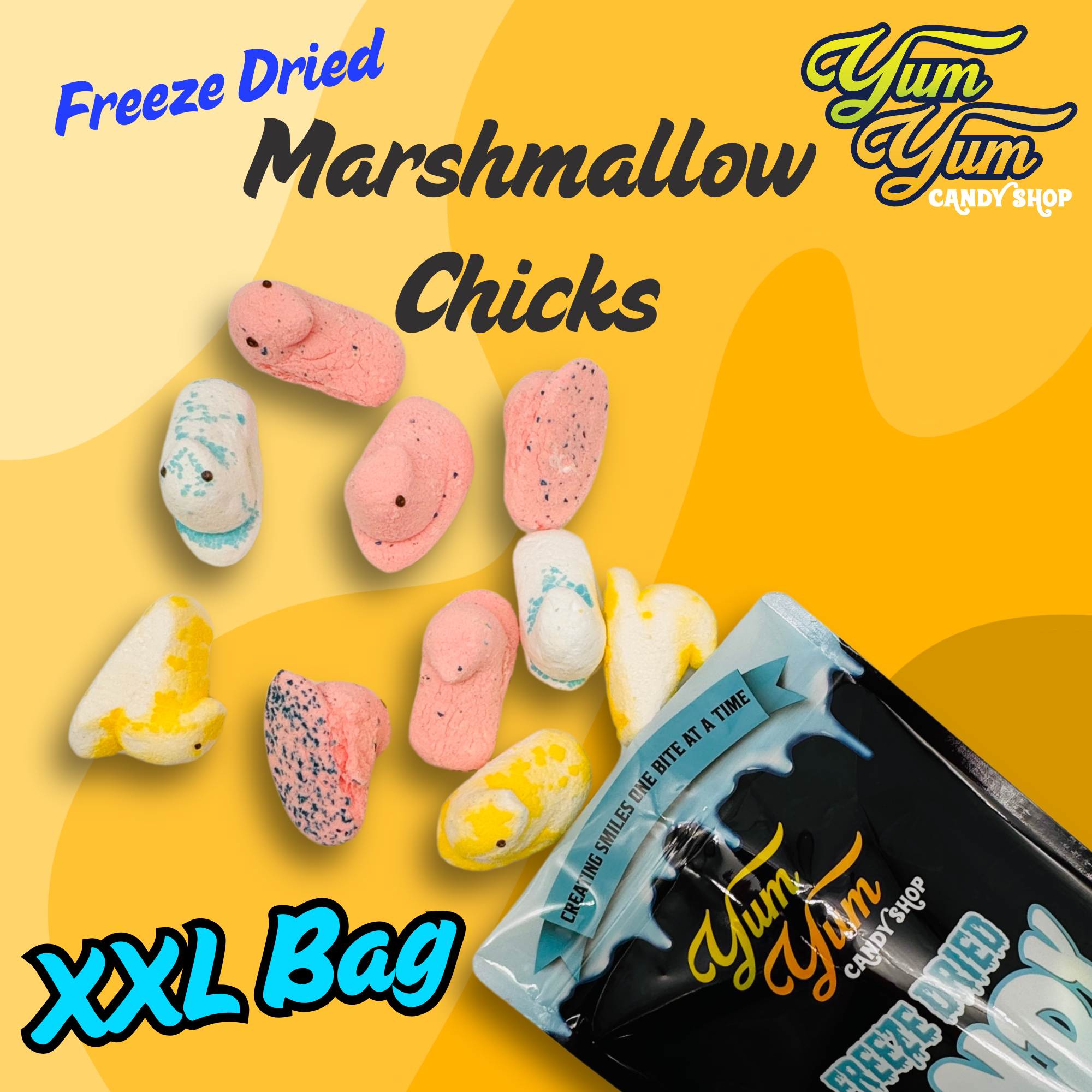 Freeze-dried marshmallow chicks shown with XXL bag and Yum Yum branding