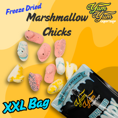 Freeze-dried marshmallow chicks shown with XXL bag and Yum Yum branding