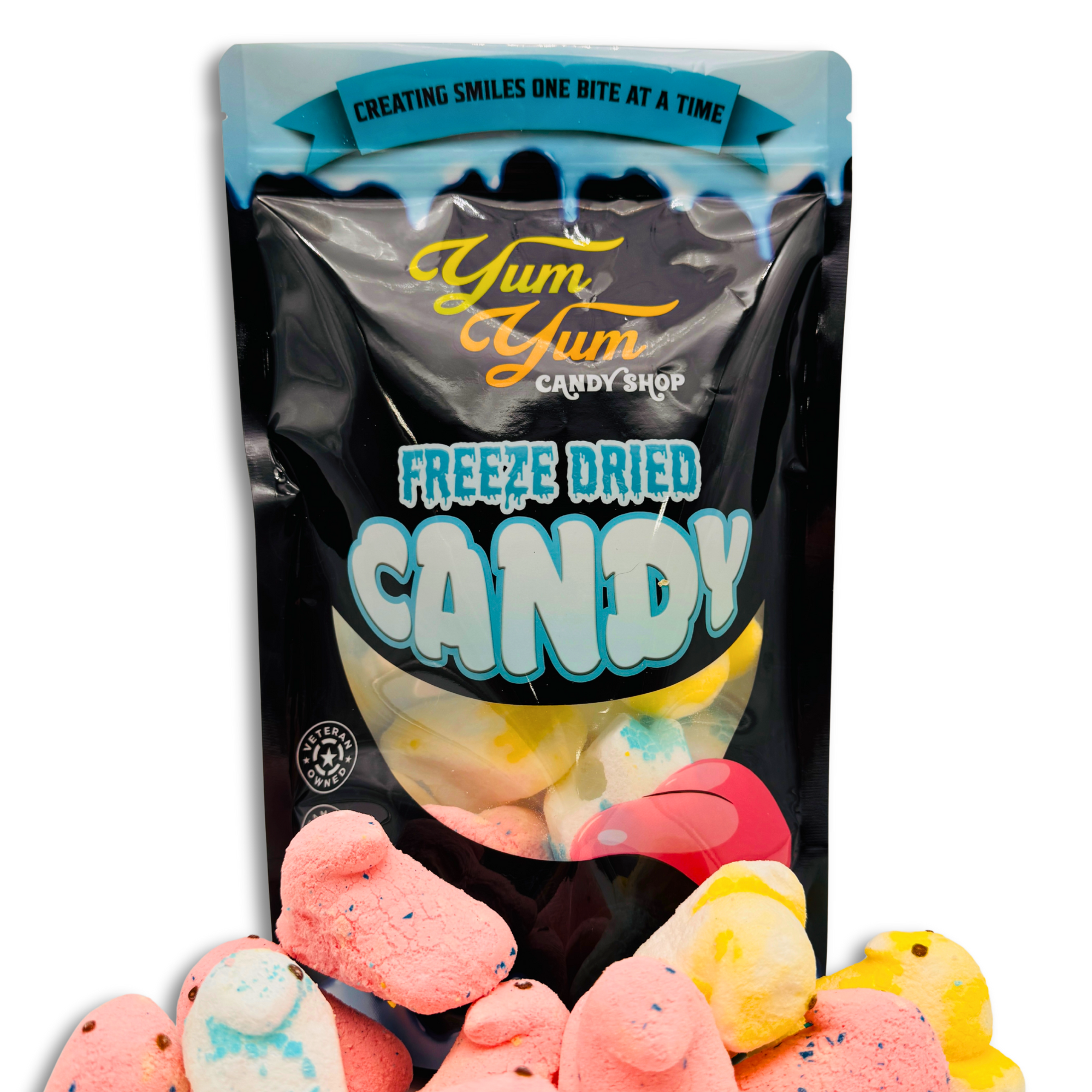 Bag of Yum Yum Candy Shop Freeze-Dried Marshmallow Chicks with colorful marshmallows on display