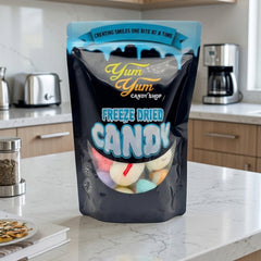 Yum Yum Candy Shop freeze dried candy package on a kitchen counter