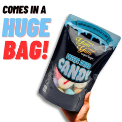 Yum Yum Freeze Dried Candy bag held by a hand with promotional text on a white background