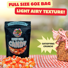 Full size 6oz bag of Freeze Dried Sour Cherry Lemon Balls on a picnic table with text highlighting light airy texture.