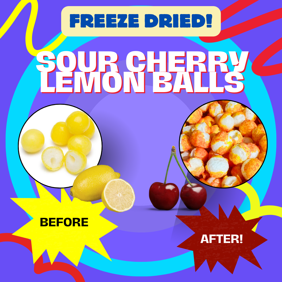 Before and after view of Sour Cherry Lemon Balls coated in sweet and tangy seasoning.