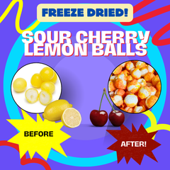Before and after view of Sour Cherry Lemon Balls coated in sweet and tangy seasoning.
