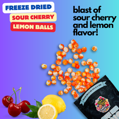 Freeze Dried Sour Cherry Lemon Balls bursting with sour cherry and lemon flavor.
