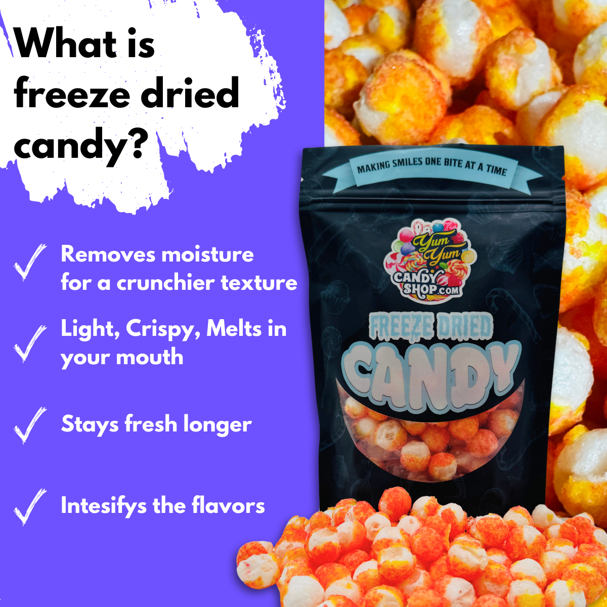 Freeze dried candy benefits list with image of Freeze Dried Sour Cherry Lemon Balls.