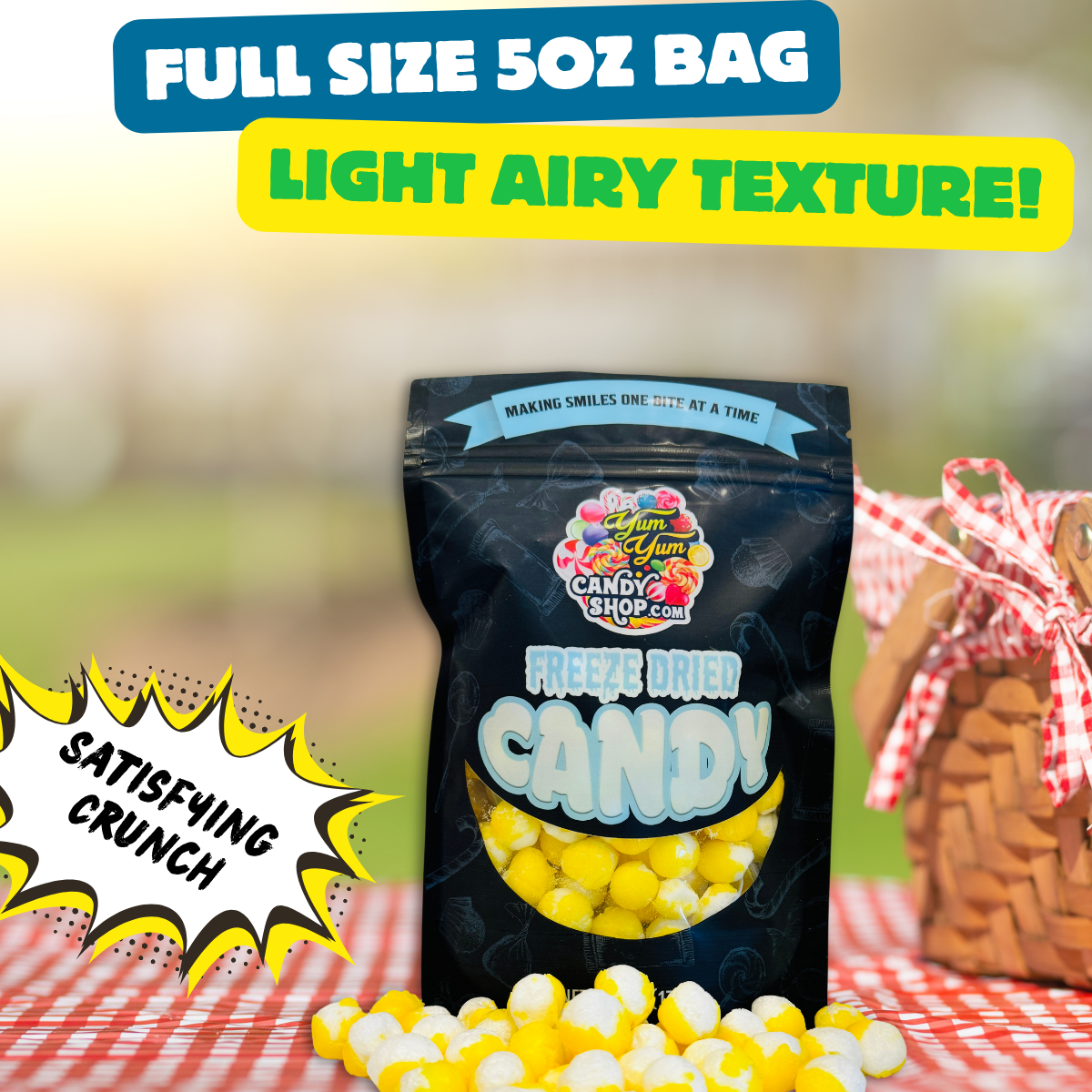 Full-size 5 oz bag of Freeze-Dried Sour Lemon Balls with light airy texture
