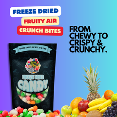 Black Yum Yum Candy Shop bag with freeze dried candy and tropical fruits, labeled “From Chewy to Crispy & Crunchy.”