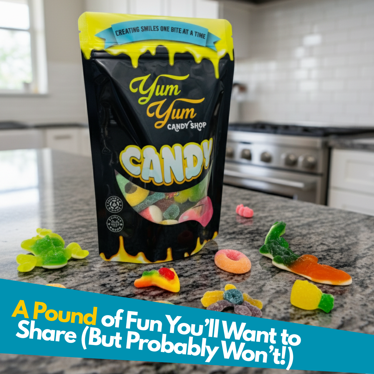Yum Yum Candy Shop bag of  gluten free gummy candies on a kitchen counter with text.