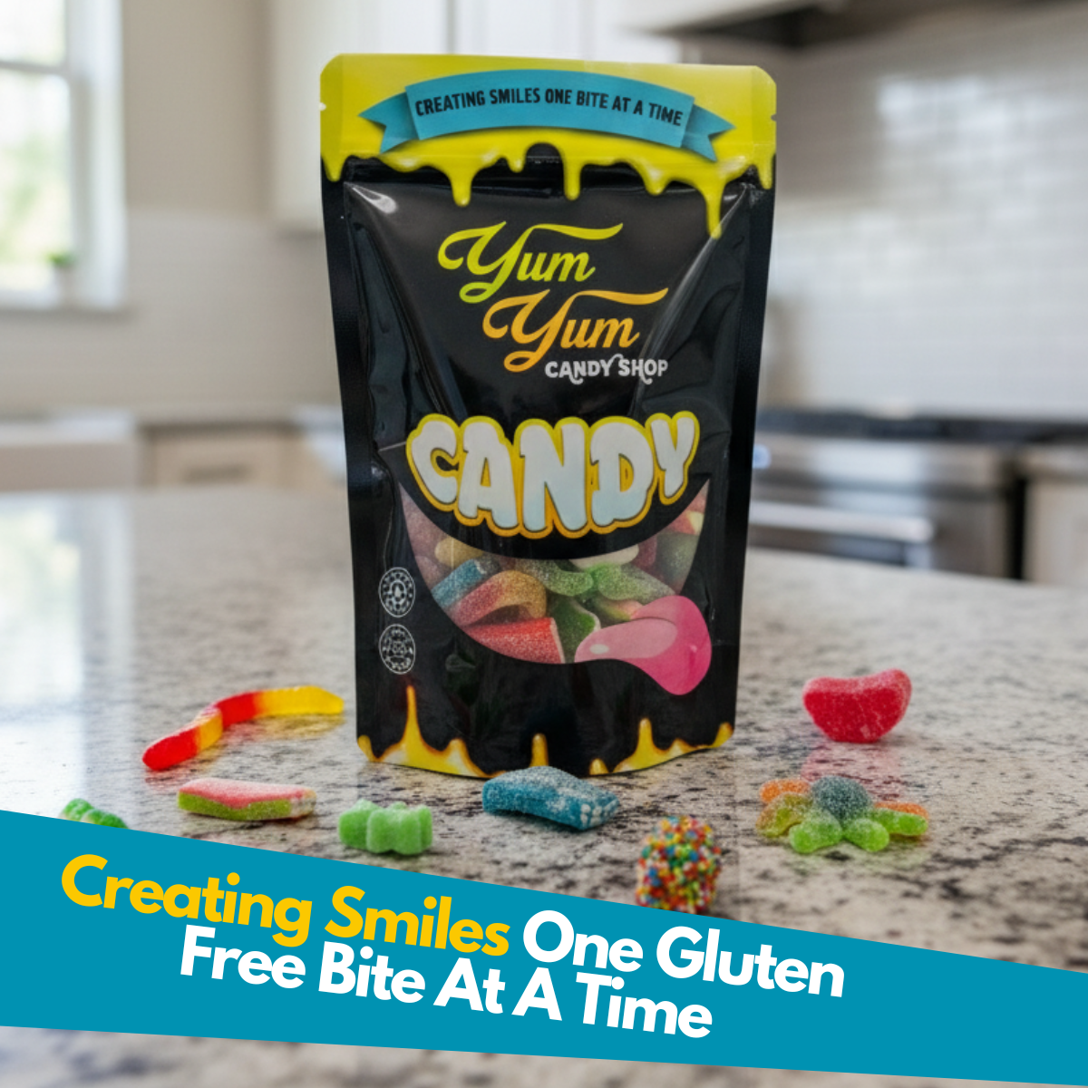 Yum Yum Candy Shop packaging with gluten free gummy candies on a kitchen counter