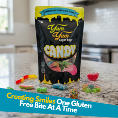 Yum Yum Candy Shop packaging with gluten free gummy candies on a kitchen counter