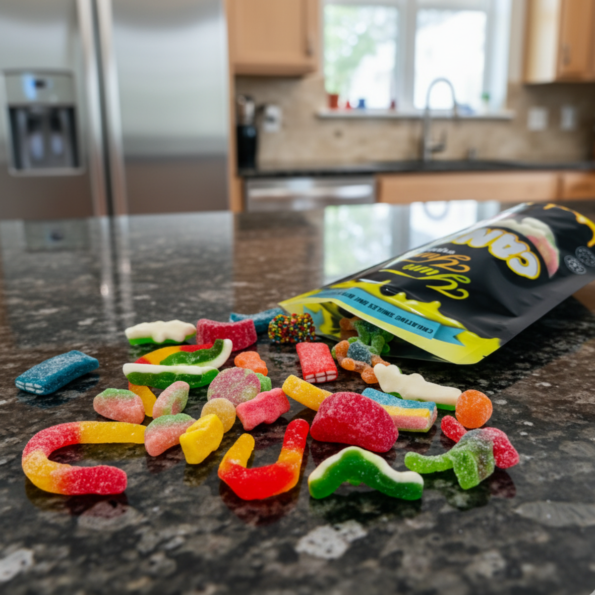 Colorful  gluten free gummy mix on a kitchen counter with a package of gummy worms in the background.