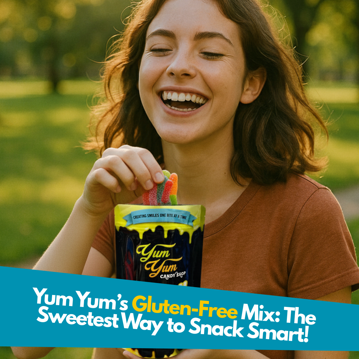Woman holding a Yum Yum candy bag outdoors with promotional text overlay.