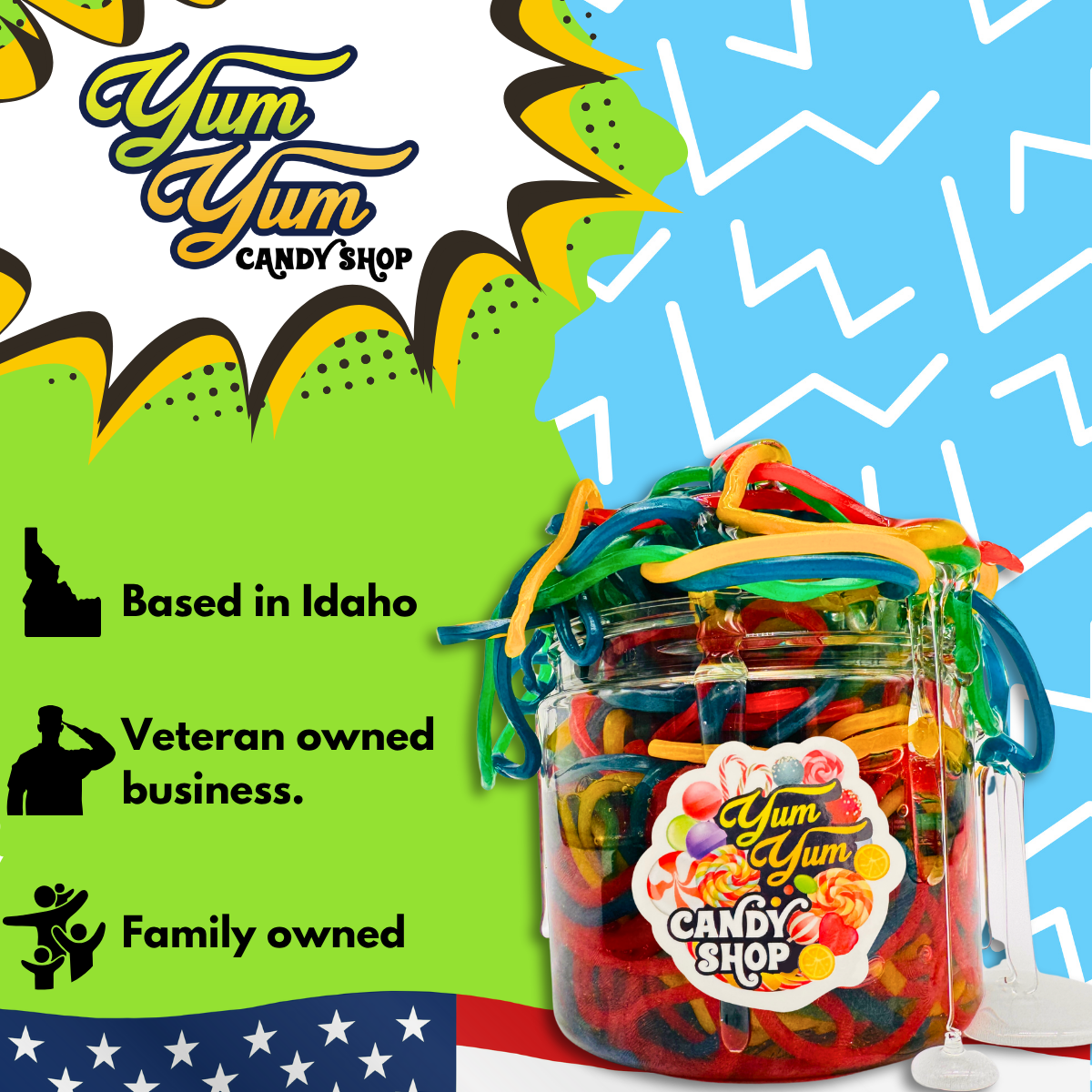 Jar of colorful gummy worms with 'Yum Yum Candy Shop' branding on a multicolored background.