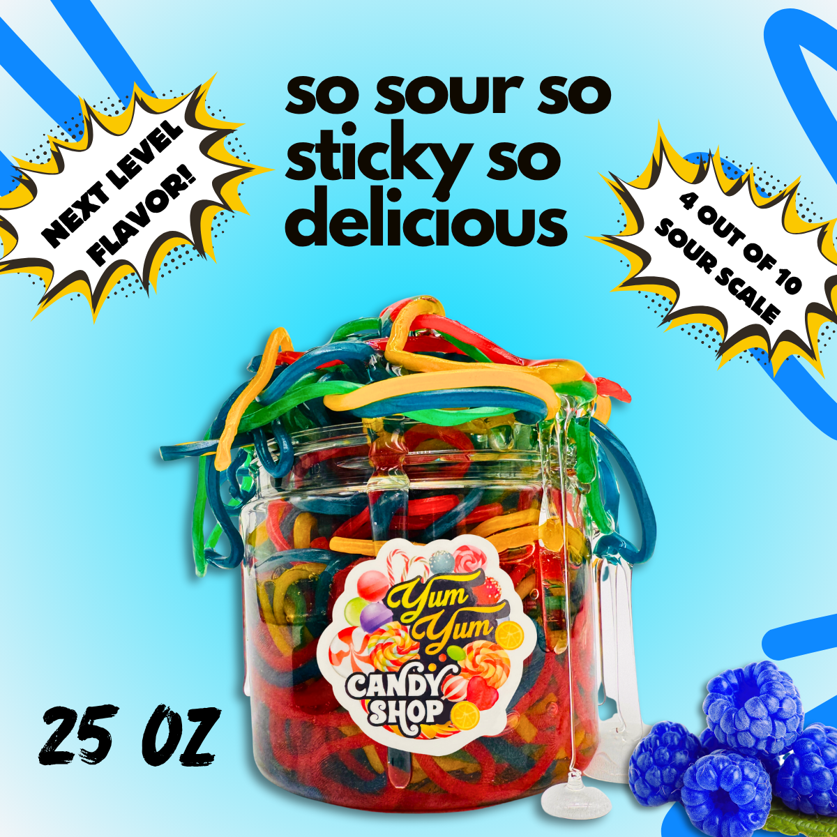 Jar of colorful gummy worms with 'Yum Yum Candy Shop' label on a blue background