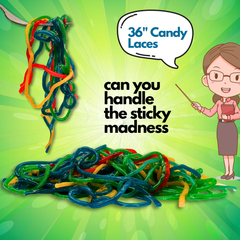 Colorful candy spaghetti with a cartoon teacher and text on a green background