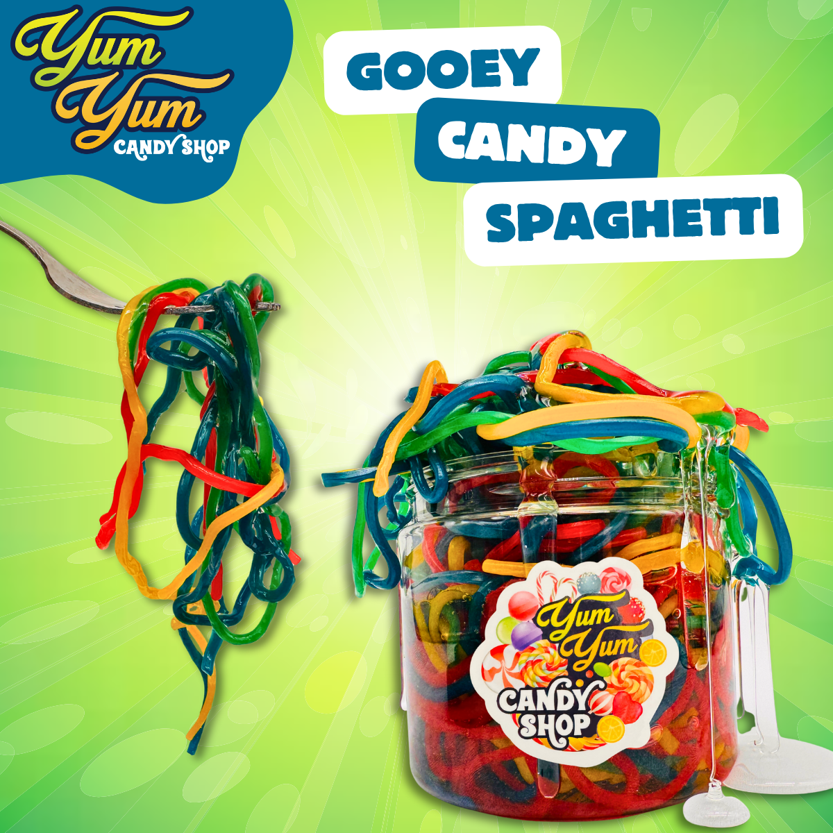Jar of colorful candy spaghetti with 'Yum Yum Candy Shop' branding on a green background.
