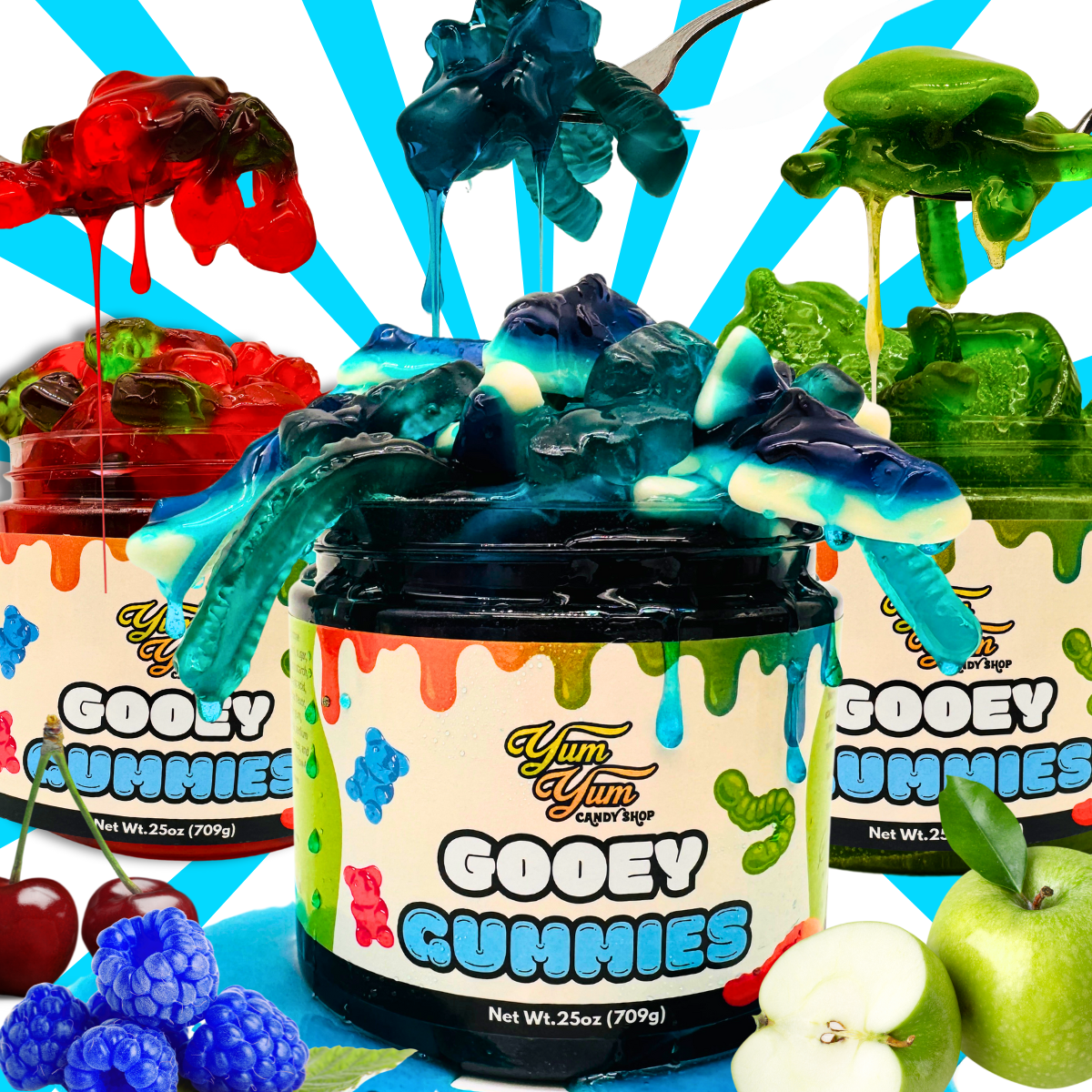 Gooey Gummies jar overflowing with sour gummy worms in blue raspberry, cherry, and green apple