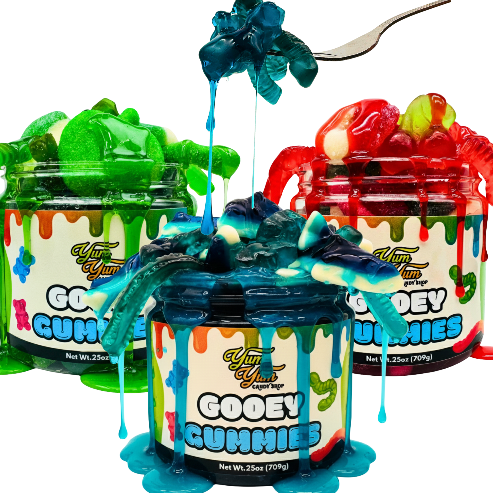 Three jars of gooey gummies in mixed flavors with colorful gummy worms and dripping goo on a white background