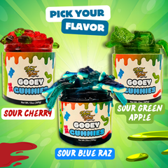 Gooey Gummies flavors including Sour Cherry, Sour Green Apple, and Sour Blue Raz in jars