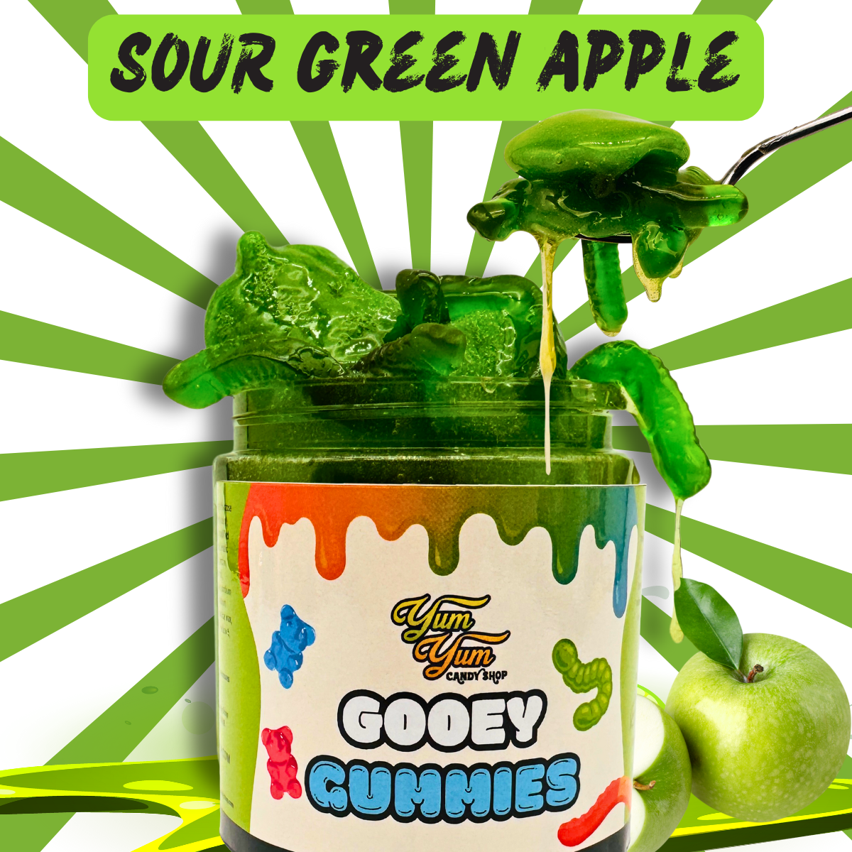Jar of sour green apple gummies with a colorful label on a green background