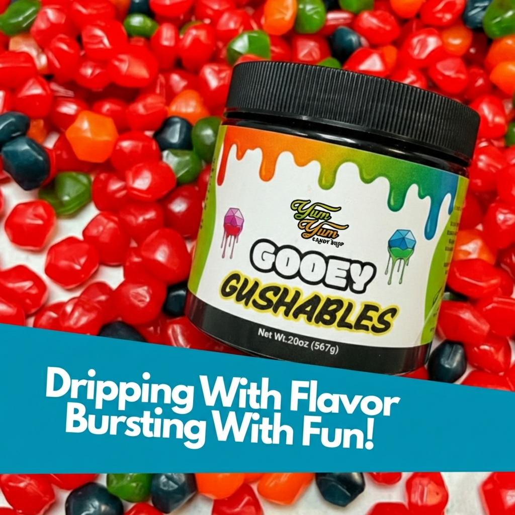 Jar of Yum Yum Candy Shop Gooey Gushables liquid candy displayed on colorful hard candies background