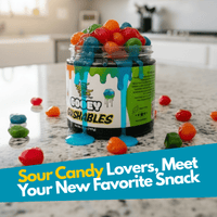 Jar of colorful gooey gashiables on a kitchen counter with promotional text.