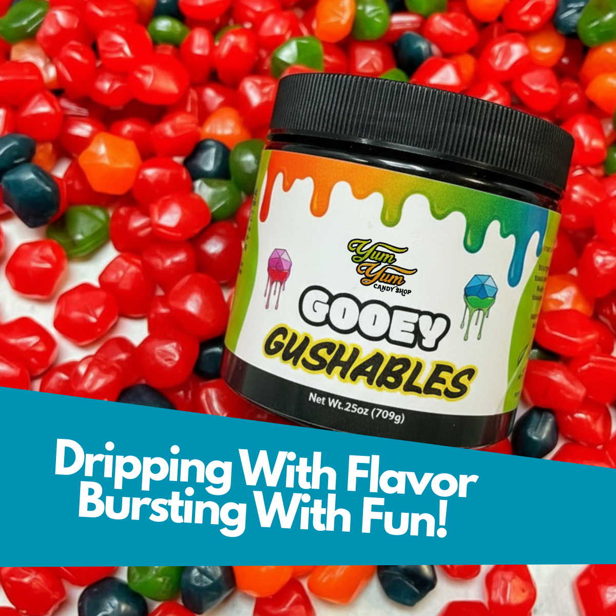 Jar of Gooey Gushables candy with colorful candies in the background
