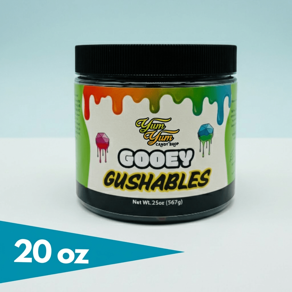 Jar of Yum Yum Candy Shop Gooey Gushables liquid candy with black lid on light background