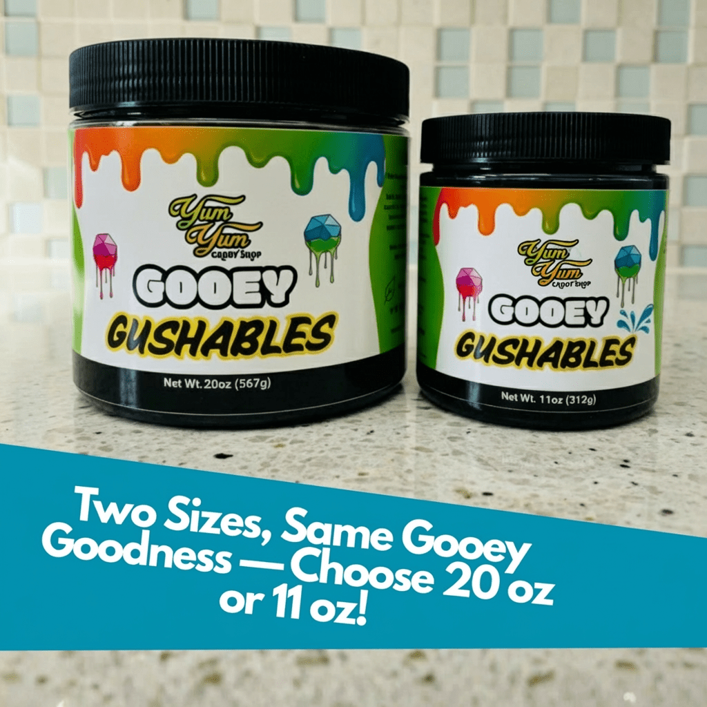 11 ounce and 20 ounce jars of Yum Yum Candy Shop Gooey Gushables liquid candy shown side by side