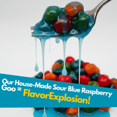 Spoonful of colorful gushers with blue goo on a white background