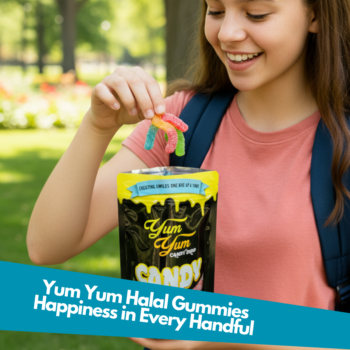 Girl holding Yum Yum Halal Gummies in a park