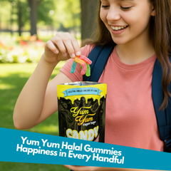 Girl holding Yum Yum Halal Gummies in a park