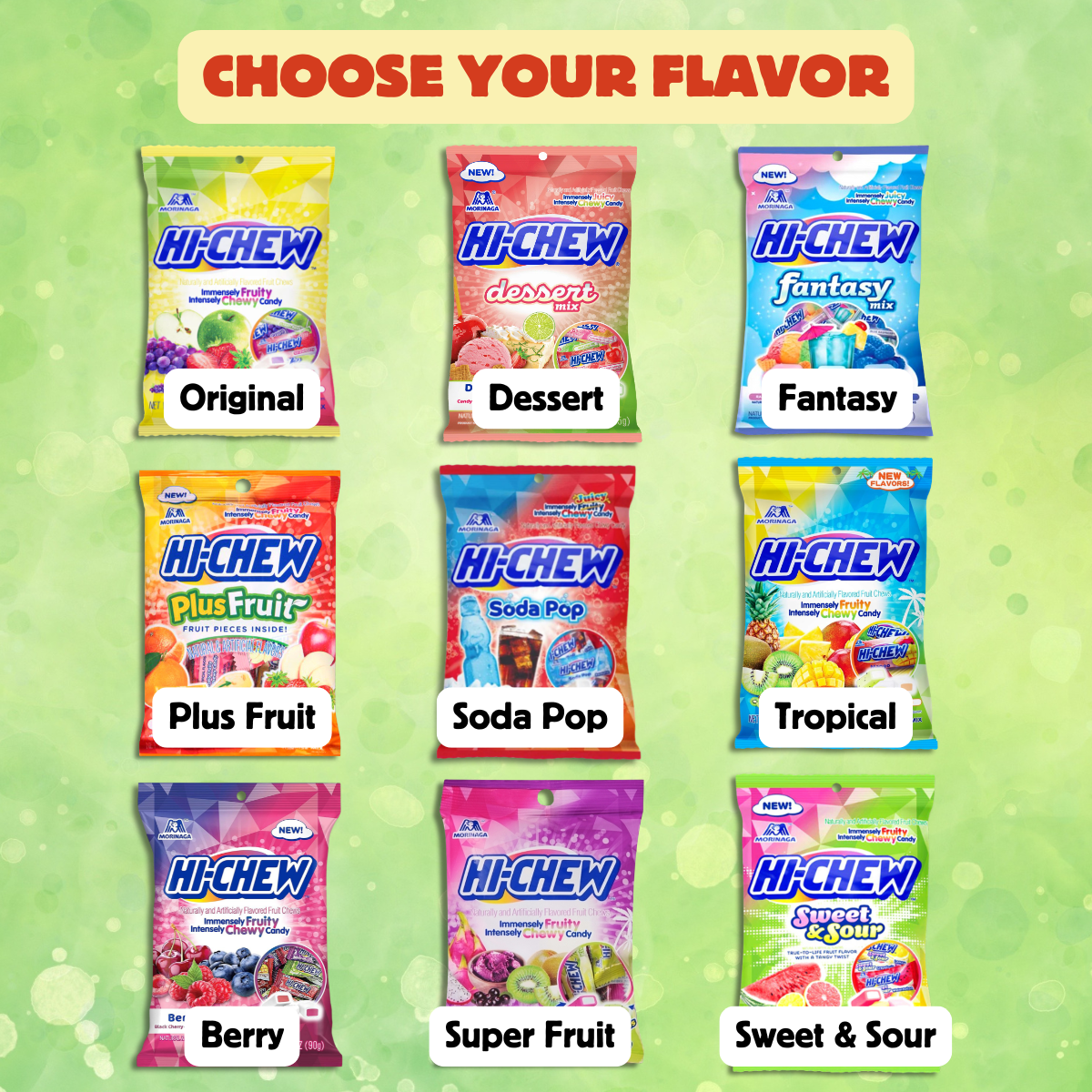 Hi-Chew flavor selection chart showing all available varieties.