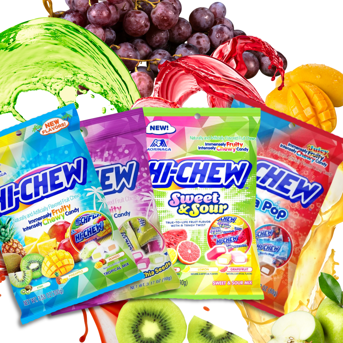 Hi-Chew fruity candy assortment displayed with fresh fruit.