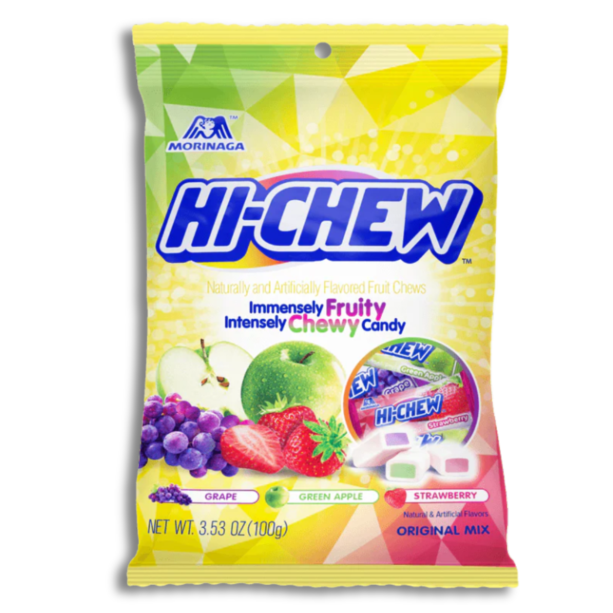 Bag of Hi-Chew mixed fruity candy with grape, strawberry, and green apple flavors.